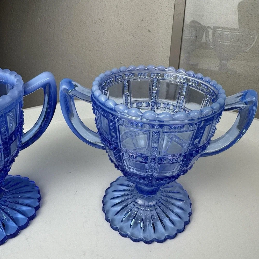 Vintage Deco Imperial Glass Beaded Block Blue Opalescent Cream & Sugar Set c1930